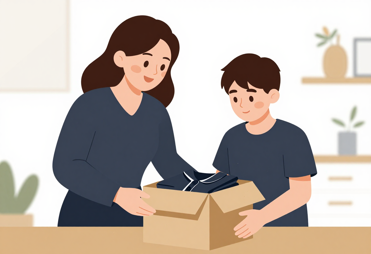 Un parent et son enfant déballent le colis de la tenue de travail