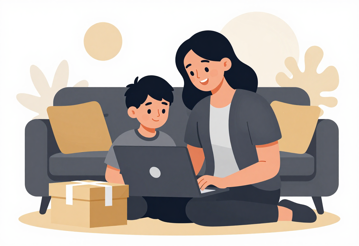 Un parent et son enfant commandent le trousseau en ligne